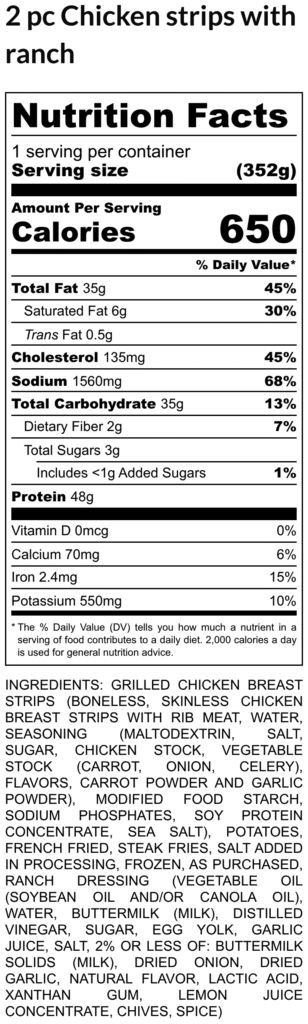 Nutrition facts label for 2 chicken strips with ranch calories 650 fat 35g sodium 1560mg protein 48g plus ingredients list below