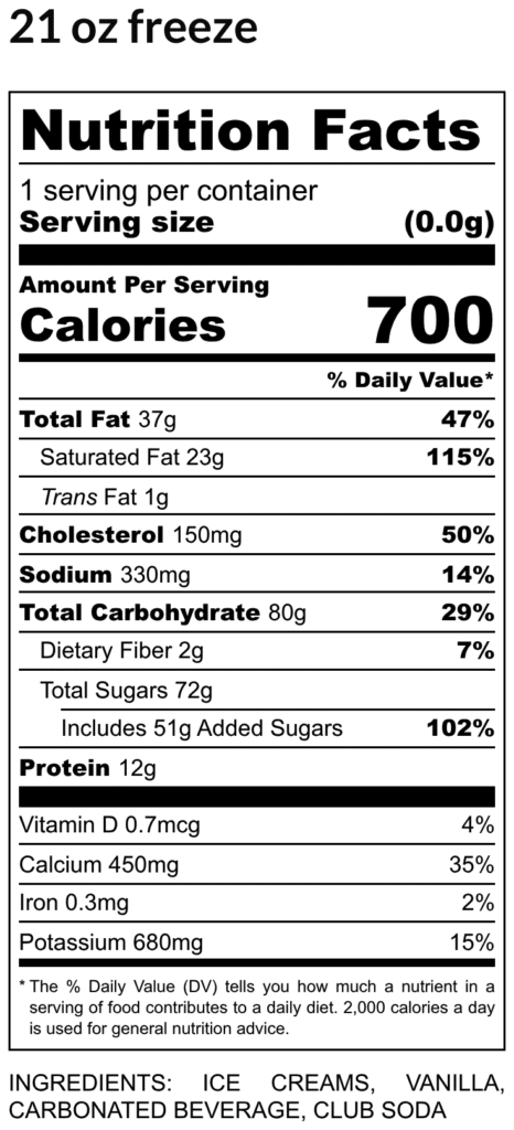 Nutrition facts label showing calories 700 per serving and detailed daily values for fat cholesterol sodium carbs sugars protein and vitaminsminerals ingredients listed below