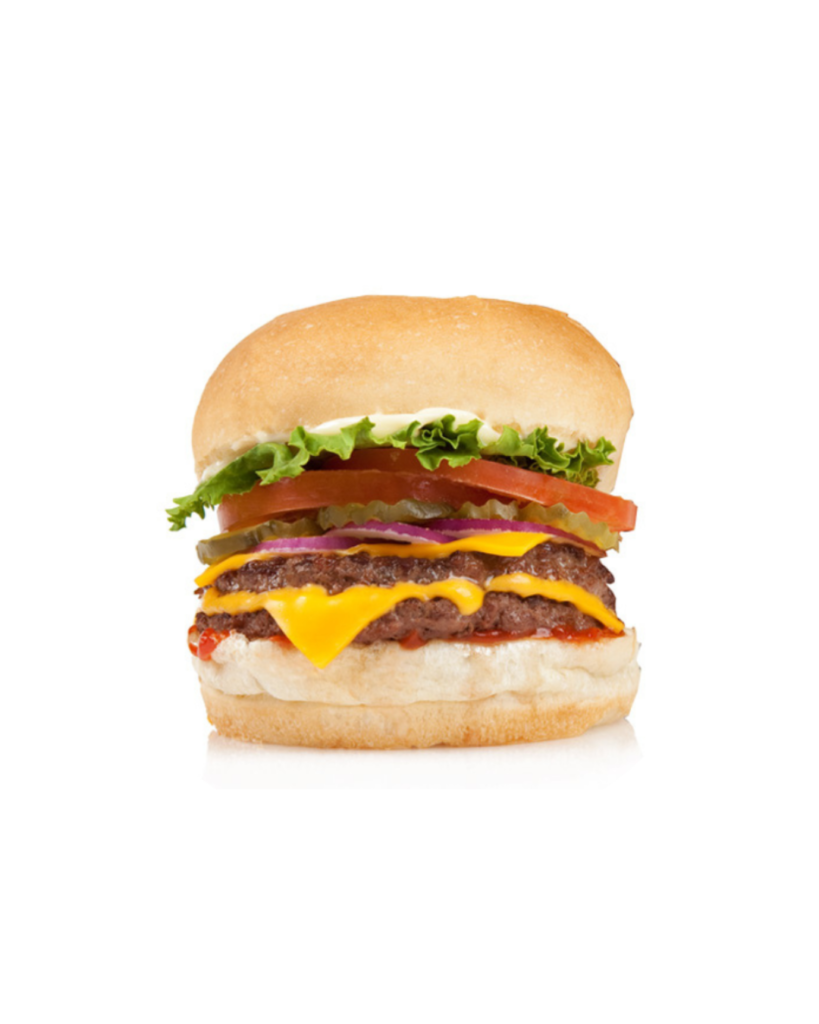 Hamburger with two beef patties cheddar cheese lettuce tomato onions pickles on a soft bun