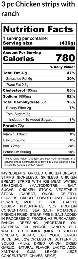 Nutrition facts panel for 3 pieces of chicken strips with ranch showing 780 calories per serving and detailed nutrient breakdown followed by ingredients