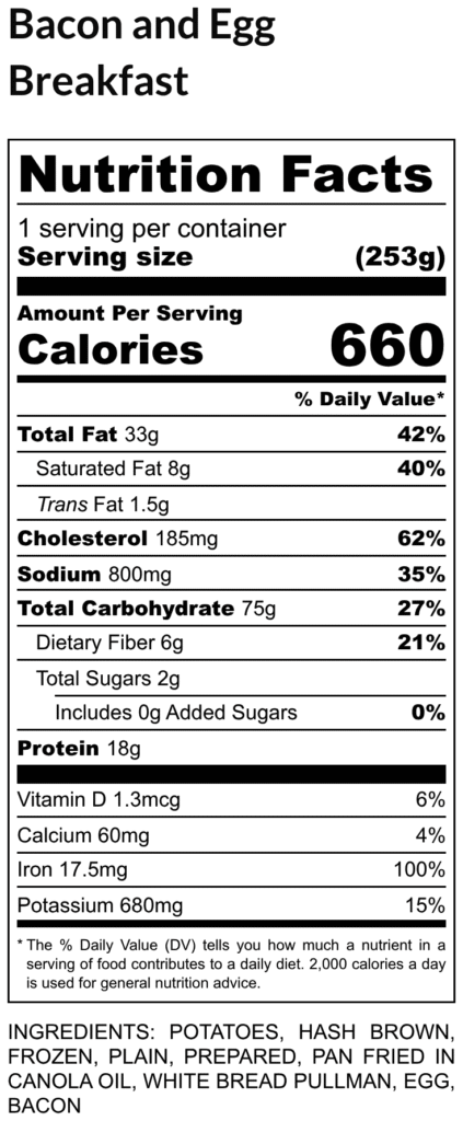 Bacon and egg breakfast nutrition label 660 calories fat 33g cholesterol 185mg sodium 800mg carbs 75g protein 18g ingredients listed below