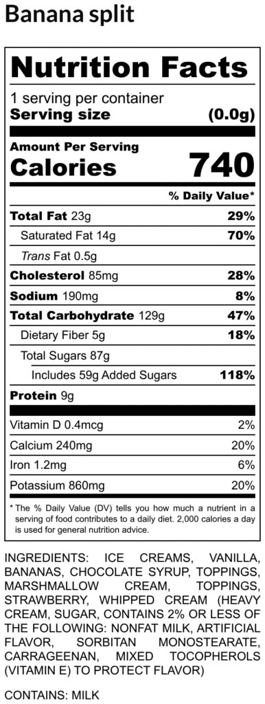 Banana split nutrition facts panel 1 serving calories 740 fat 23g 70 dv saturated fat 14g trans fat 0 5g cholesterol 85mg sodium 190mg total carbohydrates 129g dietary fiber 5g total sugars 87g with 59g added protein 9g vitaminsminerals dv listed vitamin d 0 4µg calcium 240mg iron 1 2mg potassium 860mg Ingredients include ice cream bananas chocolate syrup toppings marshmallow cream strawberry whipped cream contains milk