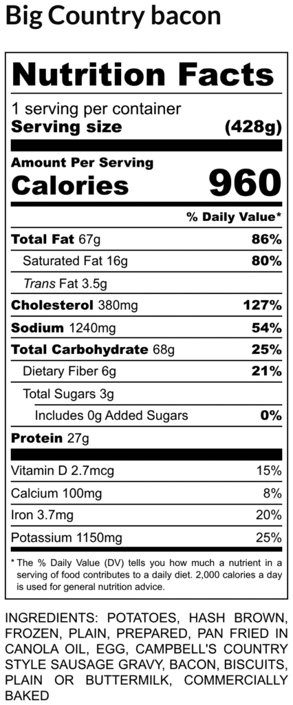 Nutrition facts label showing 960 calories per serving 428 g with fat cholesterol sodium carbohydrates protein and a bottom ingredients list for the product