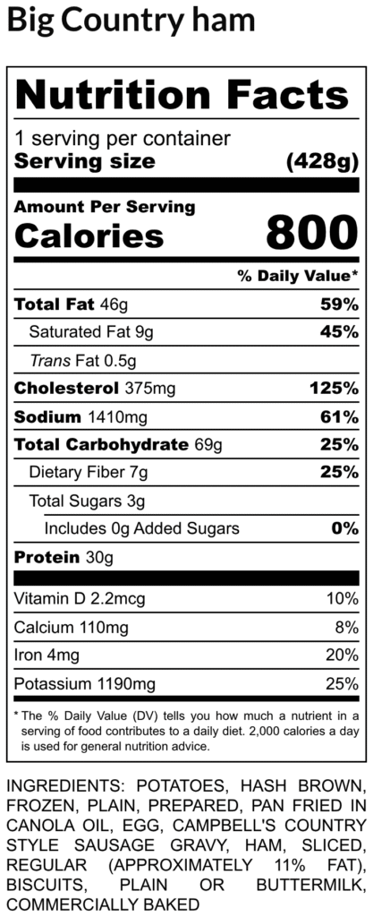 Nutrition facts label for big country ham serving size 428 g 800 calories per serving plus fat cholesterol sodium carbs protein vitamins and ingredients