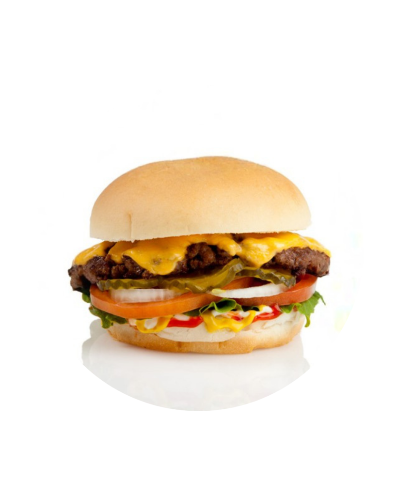 Cheeseburger with melted cheddar, beef patty, lettuce, tomato, onion, pickles on a bun (informative image).