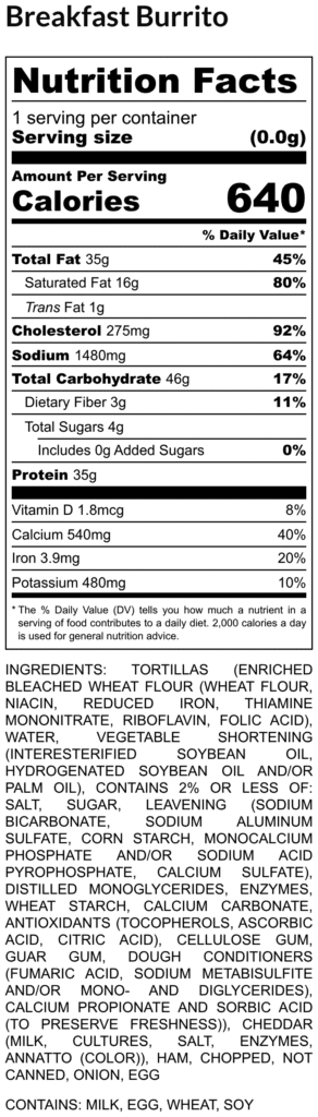 Nutrition facts panel for a Breakfast Burrito: 640 calories; fat 35g, saturated 16g, trans 1g; cholesterol 275mg; sodium 1480mg; total carbs 46g (dietary fiber 3g, sugars 4g); protein 35g; vitamins/minerals listed; ingredients include enriched wheat flour tortillas, water, vegetable oil, soy, milk, eggs, etc.