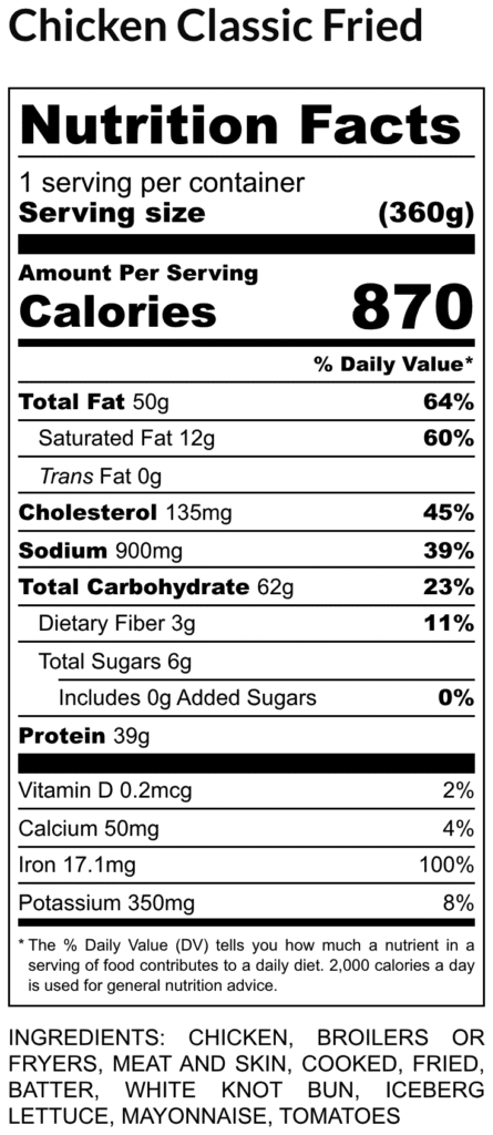 Nutrition facts panel for chicken classic fried showing serving size 360 g calories 870 per serving and daily values for fat cholesterol sodium carbs and protein ingredients listed below