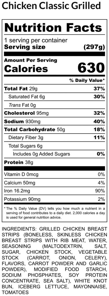 Nutrition facts label for chicken classic grilled serving size 297 g 630 calories per serving fat 29 g cholesterol 95 mg sodium 930 mg total carbs 50 g protein 38 g with listed dv percentages and ingredients below