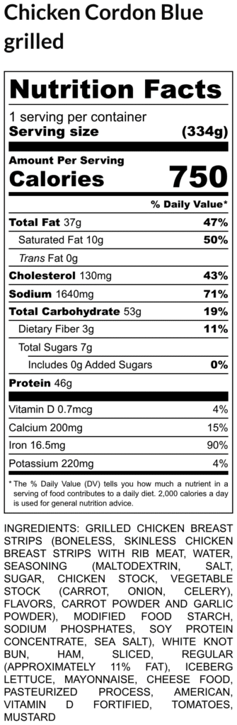 Nutrition facts panel for chicken cordon bleu grilled 1 serving 334 g 750 calories fat 37 g protein 46 g sodium 1640 mg carbs 53 g includes 0 g added sugars vitamin d 0 7 mcg calcium 200 mg iron 16 5 mg potassium 220 mg