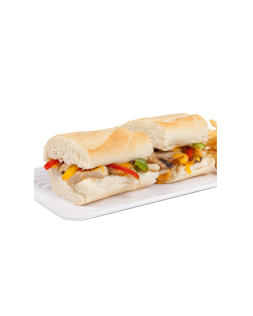 Sub sandwich with sliced bread and colorful peppers on a white plate half sandwich open to show filling of veggies and meatsauce