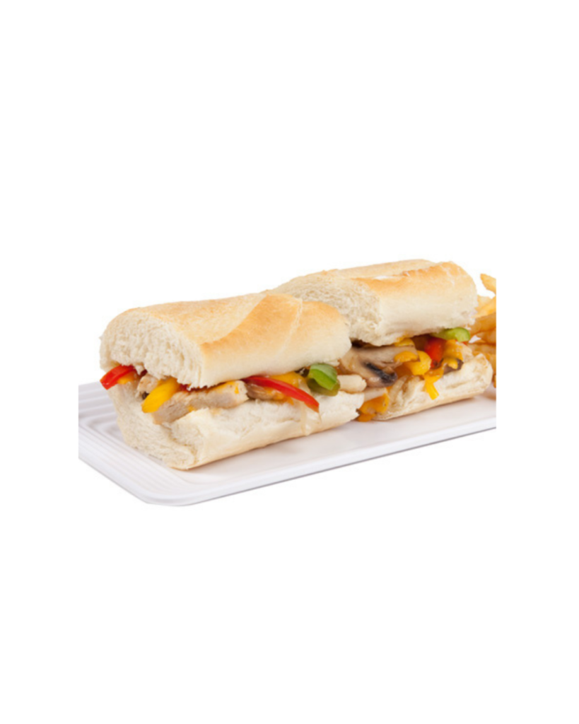 Open baguette sandwich filled with chicken bell peppers and mushrooms on a white plate