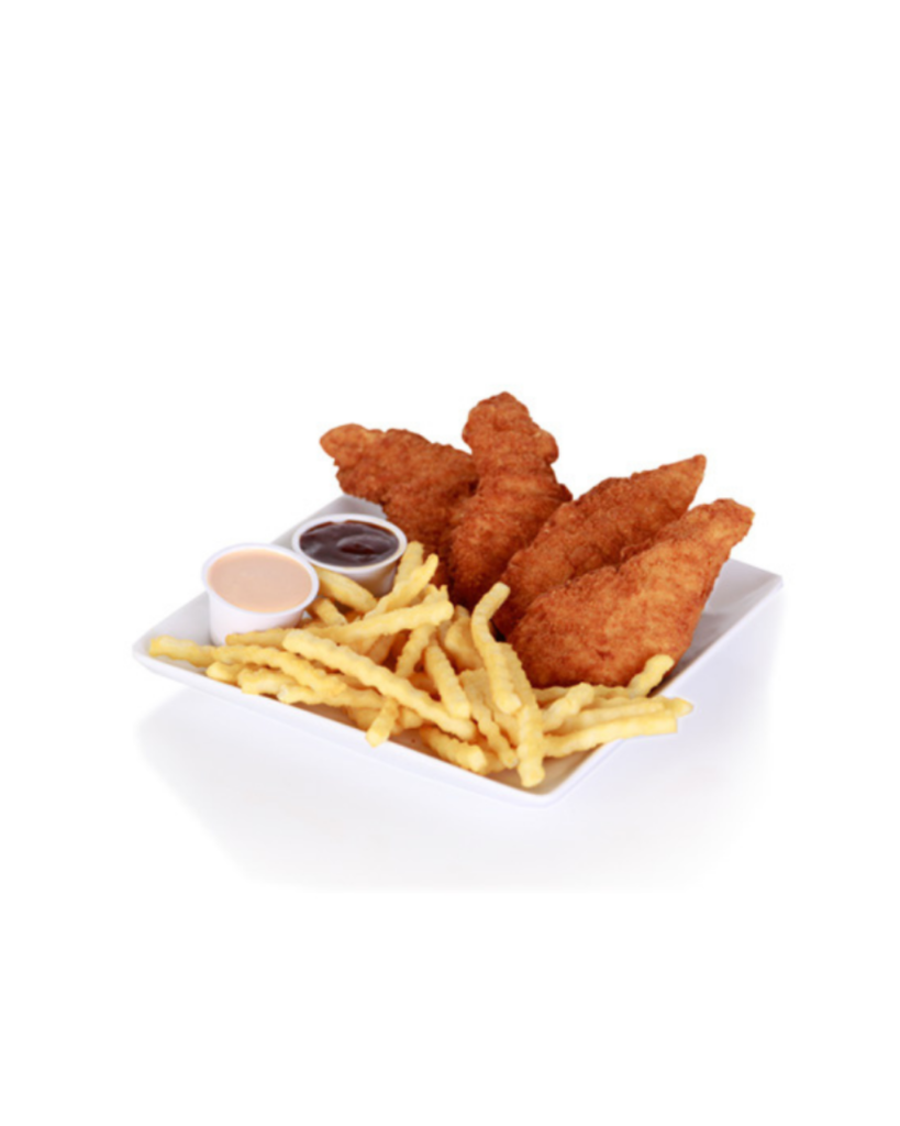 Plate of crispy fried chicken tenders with french fries and two dipping sauces on a white dish