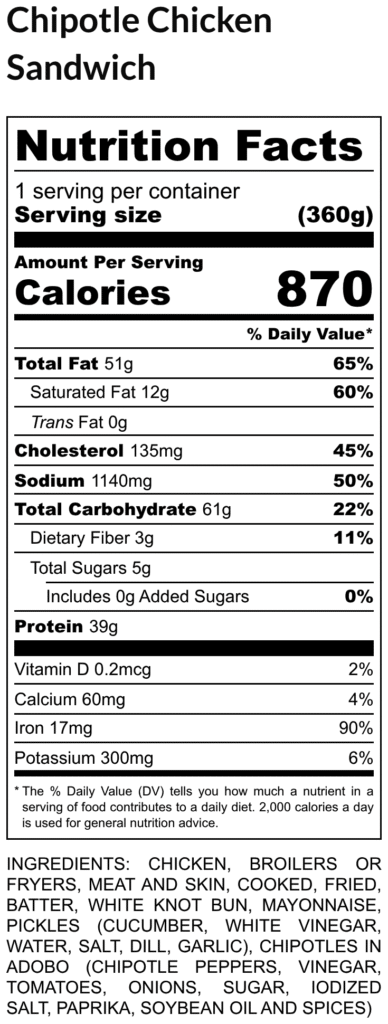 Nutrition facts label for chipotle chicken sandwich 1 serving 360 g 870 kcal 51 g fat 12 g saturated 0 g trans 135 mg cholesterol 1140 mg sodium 61 g carbs 3 g fiber 5 g sugars 39 g protein with dv values