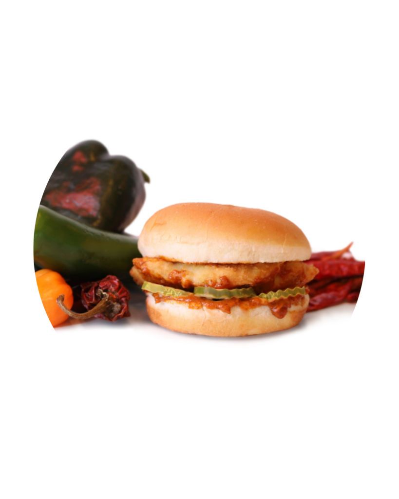 Chicken burger with pickles on a soft bun set against peppers and vegetables in the background