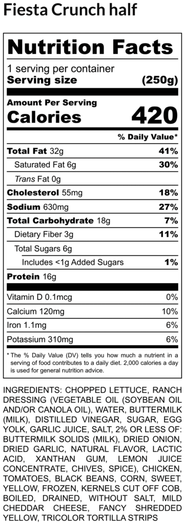 Nutrition facts label for fiesta crunch half 420 calories per serving with fat cholesterol sodium carbs and protein values listed