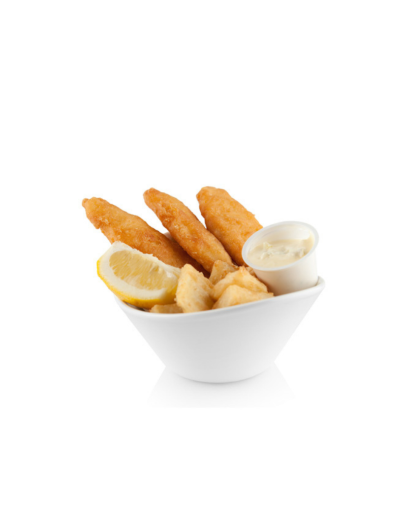 Crispy fried fish sticks with a lemon wedge and tartar sauce in a white bowl with a clean background