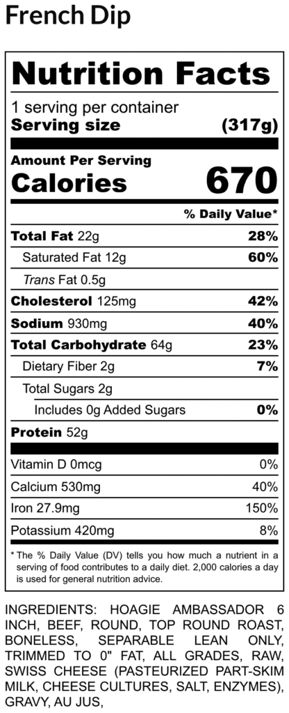 Nutrition facts label for a 317g serving 670 calories fat 22g sodium 930mg carbs 64g protein 52g