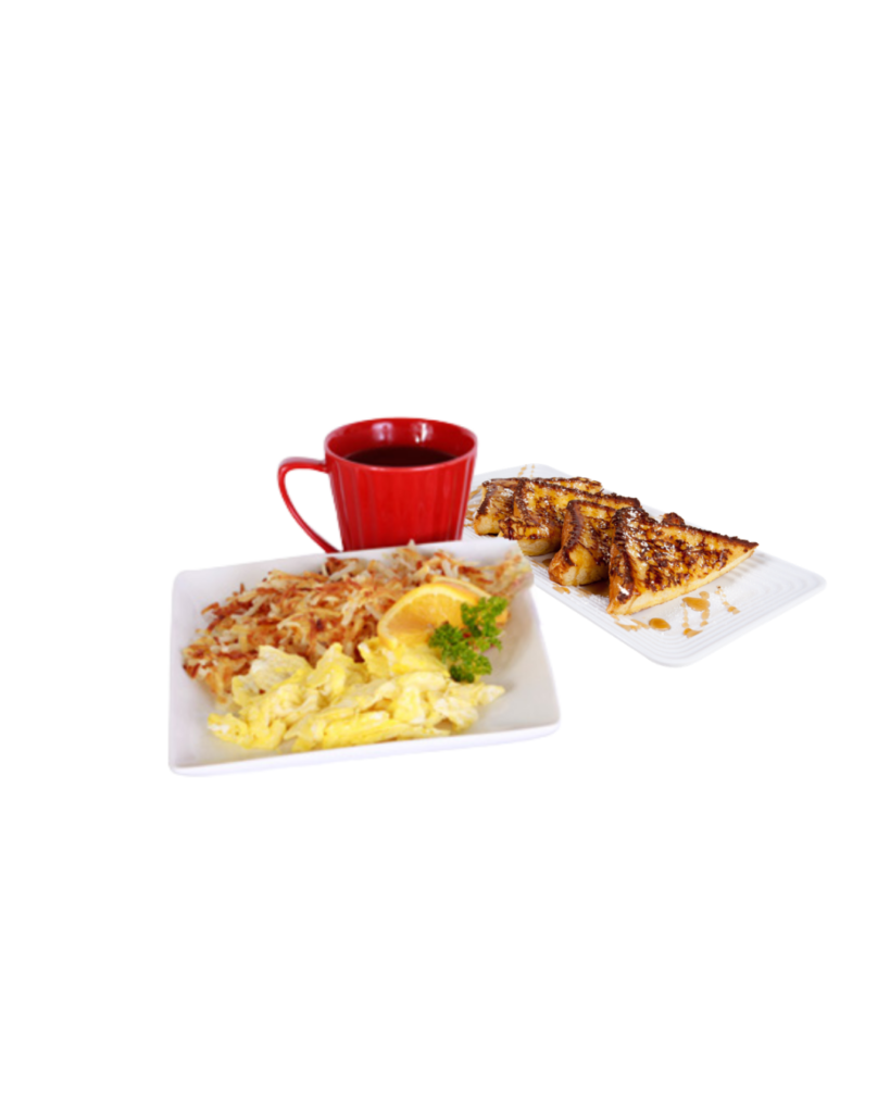 Breakfast plate with scrambled eggs hash browns orange slice parsley and a side of toast with syrup plus a red mug of coffee