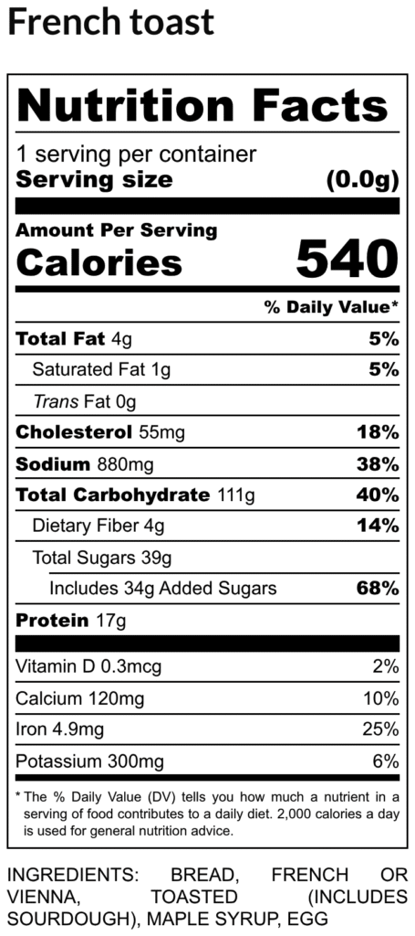 Nutrition facts label for french toast 540 calories per serving fat 4g cholesterol 55mg sodium 880mg carbs 111g protein 17g