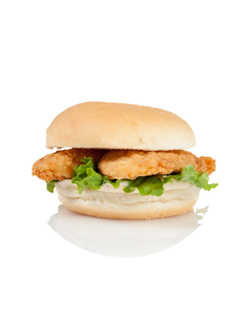 Chicken sandwich with crispy fried chicken breast lettuce and mayo on a soft bun