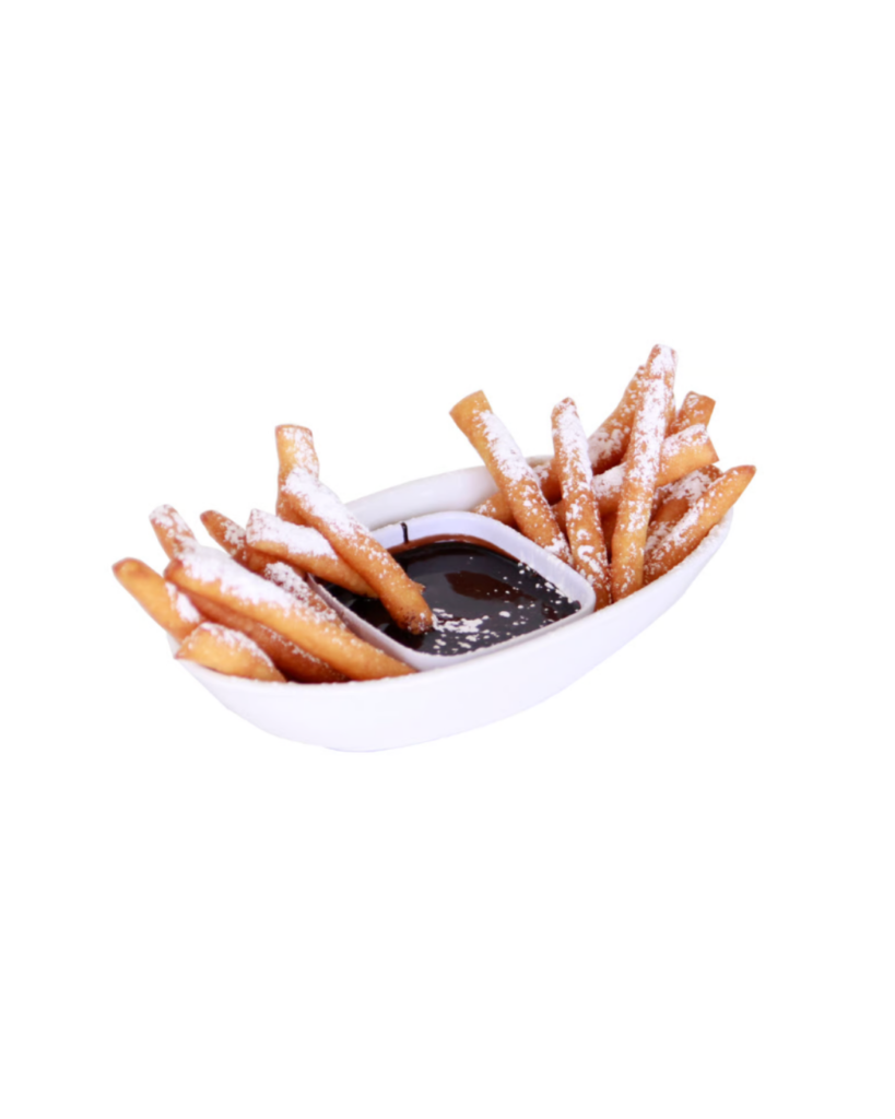 Funnel cake fries sprinkled with salt in a white ceramic boat accompanied by a dark dipping sauce