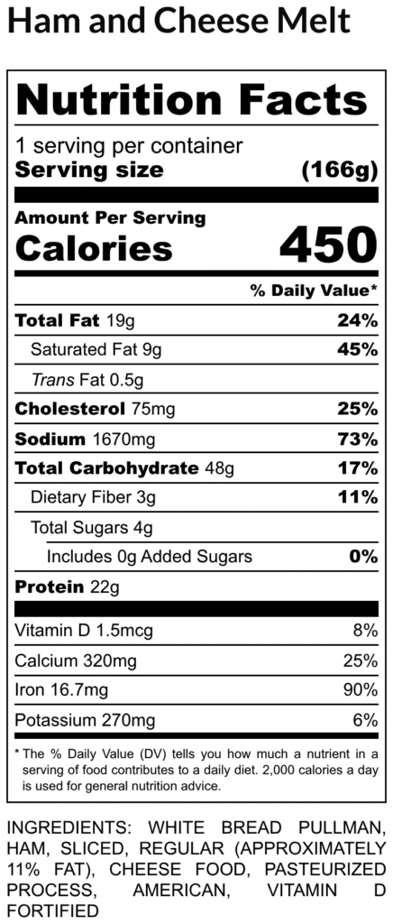 Nutrition facts label for ham and cheese melt showing 166 g serving size and 450 calories with full nutrient breakdown