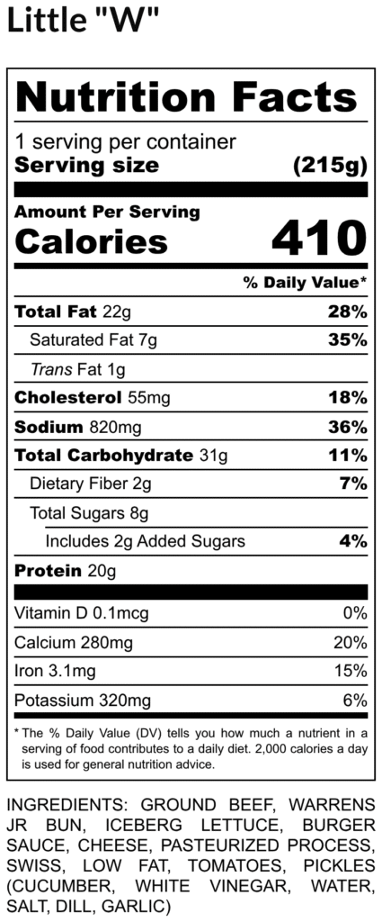 Nutrition facts label for little w product 410 calories per serving 215g with fats carbs protein and dv percentages shown