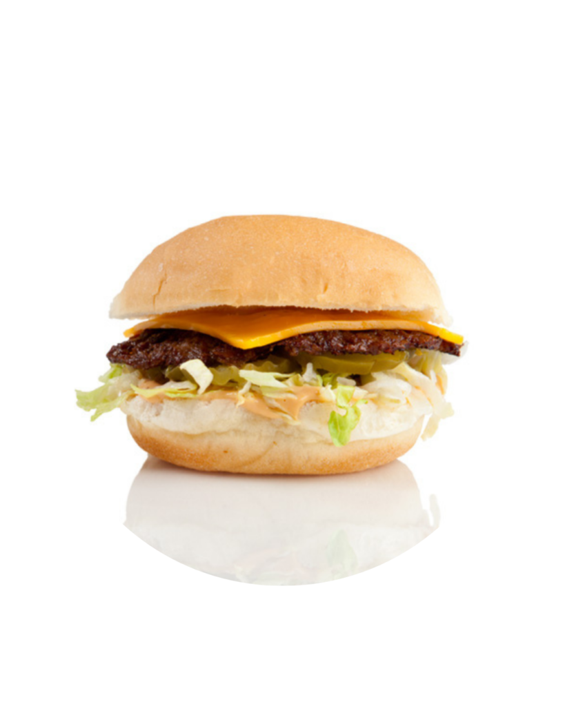 Beef hamburger with melted cheddar lettuce and sauce in a soft bun on a white background