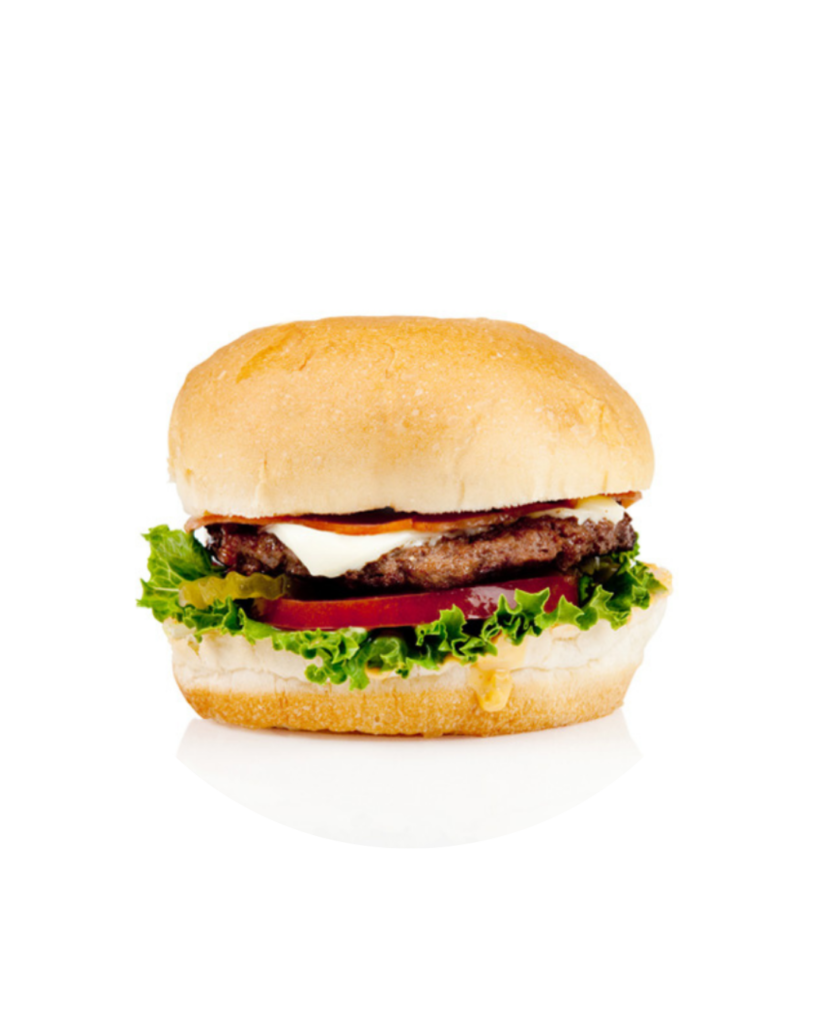 Classic hamburger with lettuce tomato cheese and a beef patty on a soft bun shown on a white plate edge