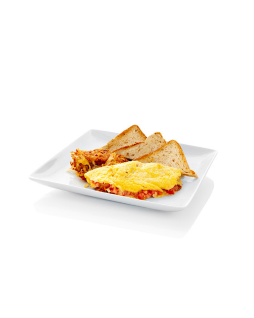 Egg omelette on a white plate with salsa accompanied by toasted bread triangles