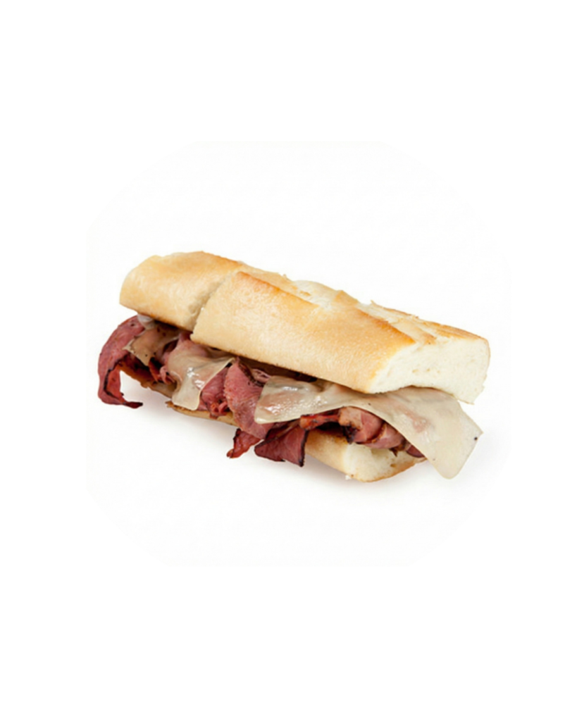 Roast beef sandwich with sliced meat and melted cheese on a crusty white sub roll
