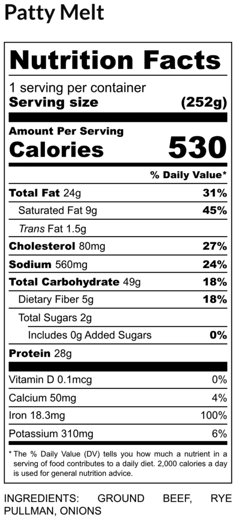Nutrition facts label for patty melt 1 serving per container 252g 530 calories fat 24g cholesterol 80mg sodium 560mg total carbohydrate 49g protein 28g includes dietary fiber 5g sugars 2g vitaminsminerals listed dv percentages shown with ingredient line at bottom partially visible