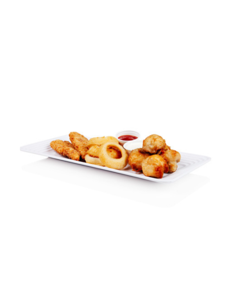 Plate of fried foodsonion rings and chicken nuggets with dipping sauces on a white platter ketchup and ranch on the side