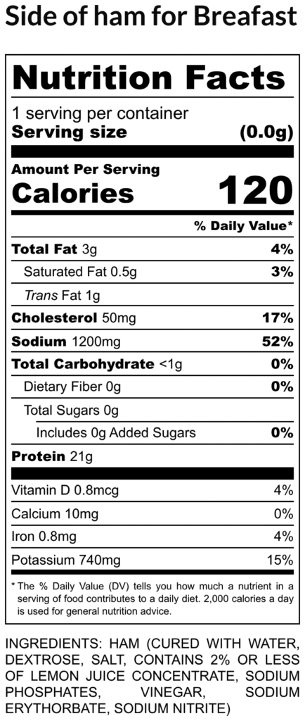 Nutrition facts label for ham breakfast 120 calories per serving 3 g total fat 0 5 g saturated fat 1 g trans fat 50 mg cholesterol 1200 mg sodium