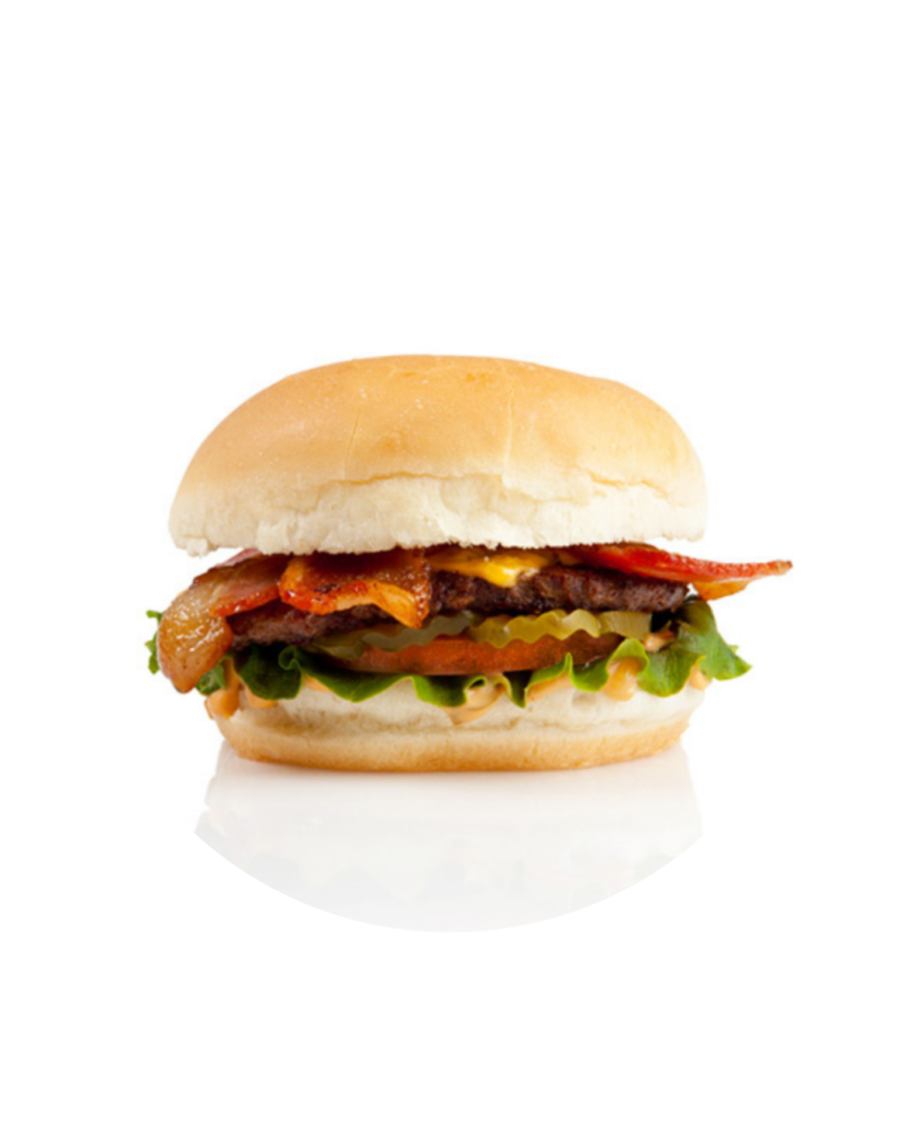 Hamburger with beef patty bacon cheese lettuce tomato and pickles in a soft bun on a white background