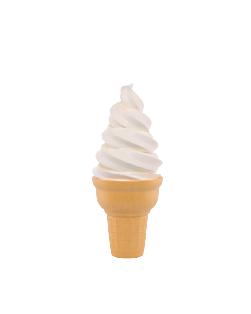 Soft serve vanilla ice cream cone with a waffle cone against a white circular backdrop centered and appealing