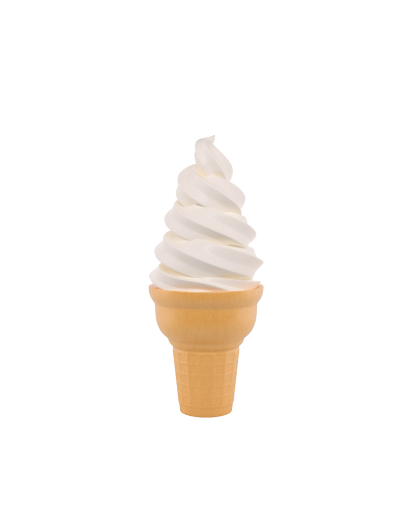 Vanilla soft serve ice cream swirled in a tall cone placed on a light waffle cone against a white circular background