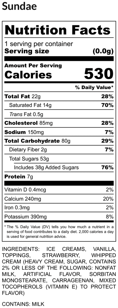 Nutrition facts label for a sundae ice cream container showing 530 calories fat cholesterol sodium carbs protein and ingredients list
