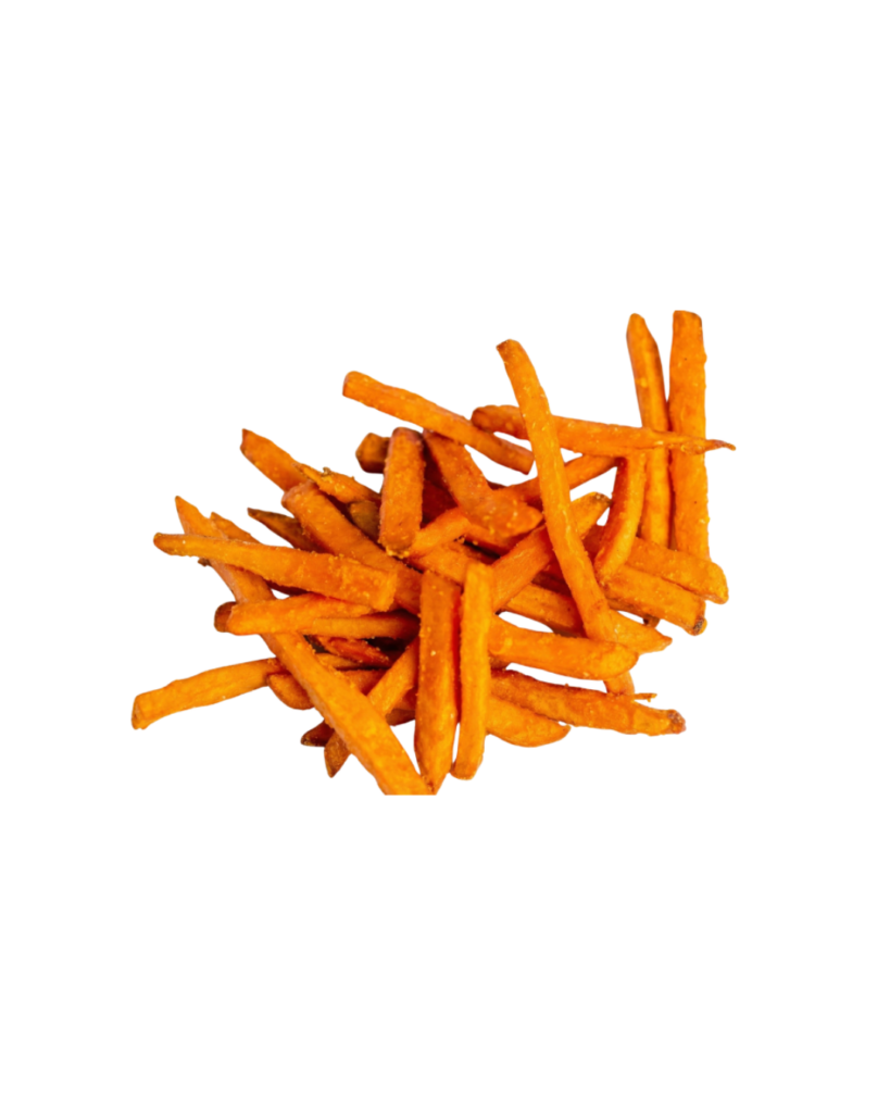 Pile of orange sweet potato fries on a white circular plate cooked and seasoned