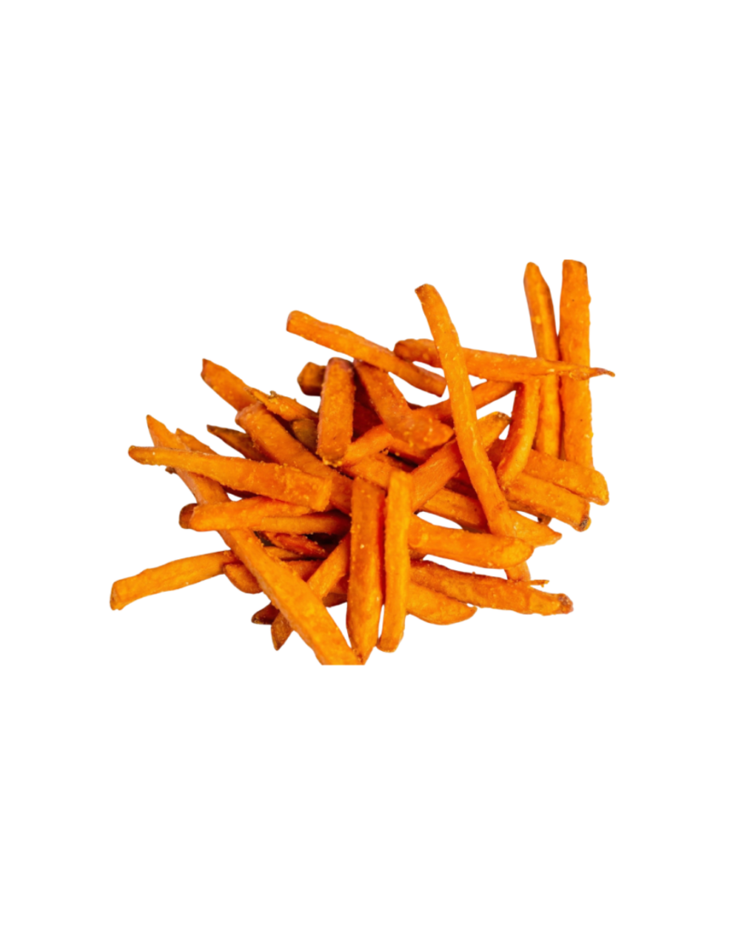 Pile of bright orange sweet potato fries on a white circular background