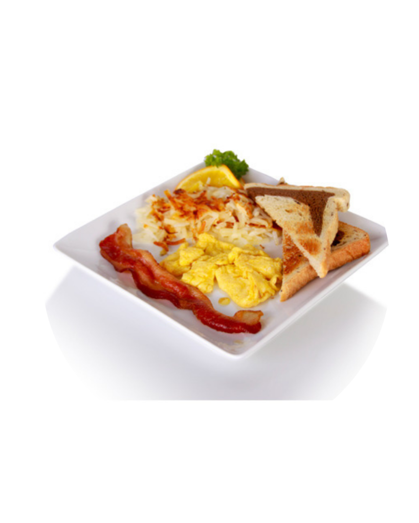 Breakfast plate with scrambled eggs crispy bacon hash browns and triangular toast with an orange slice garnish