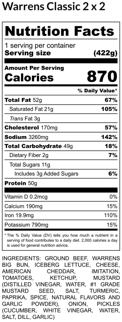 Nutritional facts label serving size 1 calories 870 fat 52g sodium 3260mg cholesterol 170mg carbs 49g protein 50g ingredients include ground beef bun lettuce cheese tomatoes ketchup mustard pickles onions