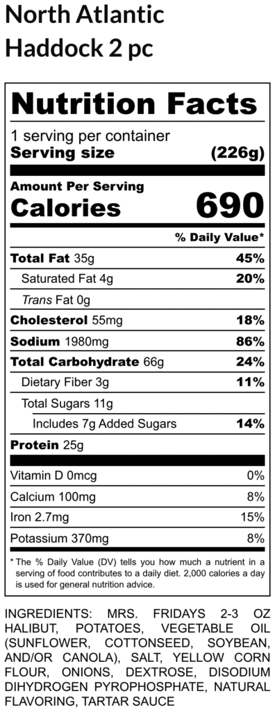 Nutrition facts label for north atlantic haddock 2 pc 690 calories per serving with fat cholesterol sodium carbs and protein values listed