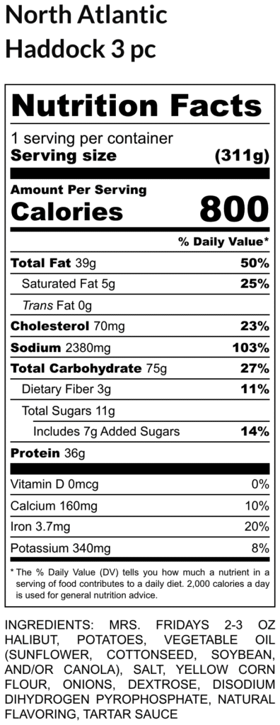 Nutrition facts label for north atlantic haddock800 calories per serving 311 g with fat carbs protein sodium and minerals listed ingredients at bottom
