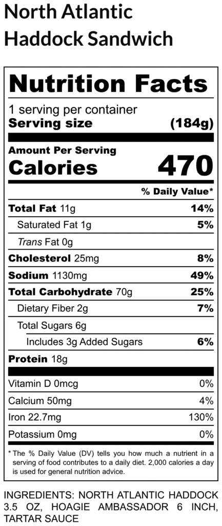 Nutrition facts label for a north atlantic haddock sandwich showing calories fat cholesterol sodium carbs and protein values