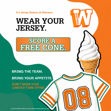 Promotional ad for Warrens Jersey Season: wear your jersey and score a free vanilla ice cream cone.