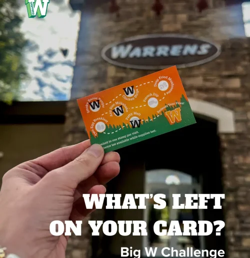 Big W Challenge punch card featuring Warrens menu items and rewards for completing the food challenge.
