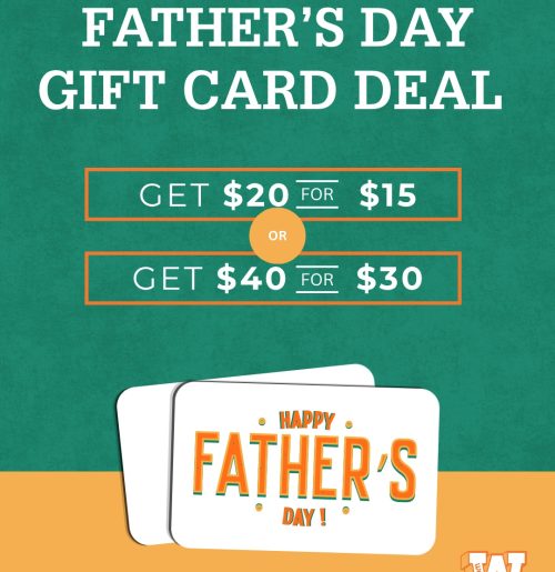 Father's Day gift card deal poster: two orange-framed offers on a teal background, $20 for $15 or $40 for $30.