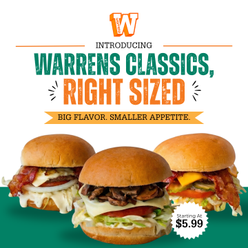 Advertisement for Warren's Classics burgers: three loaded burgers on a green surface with a '$5.99' starting price badge.