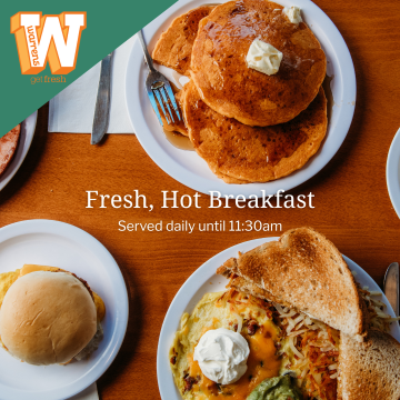 Home Cooked Breakfast DailyPancakes fresh off the grill, golden hashbrowns, eggs cooked your favorite way, breakfast burritos for the mornings on the go, and more! Your favorite breakfasts are served daily until 11:30am.
